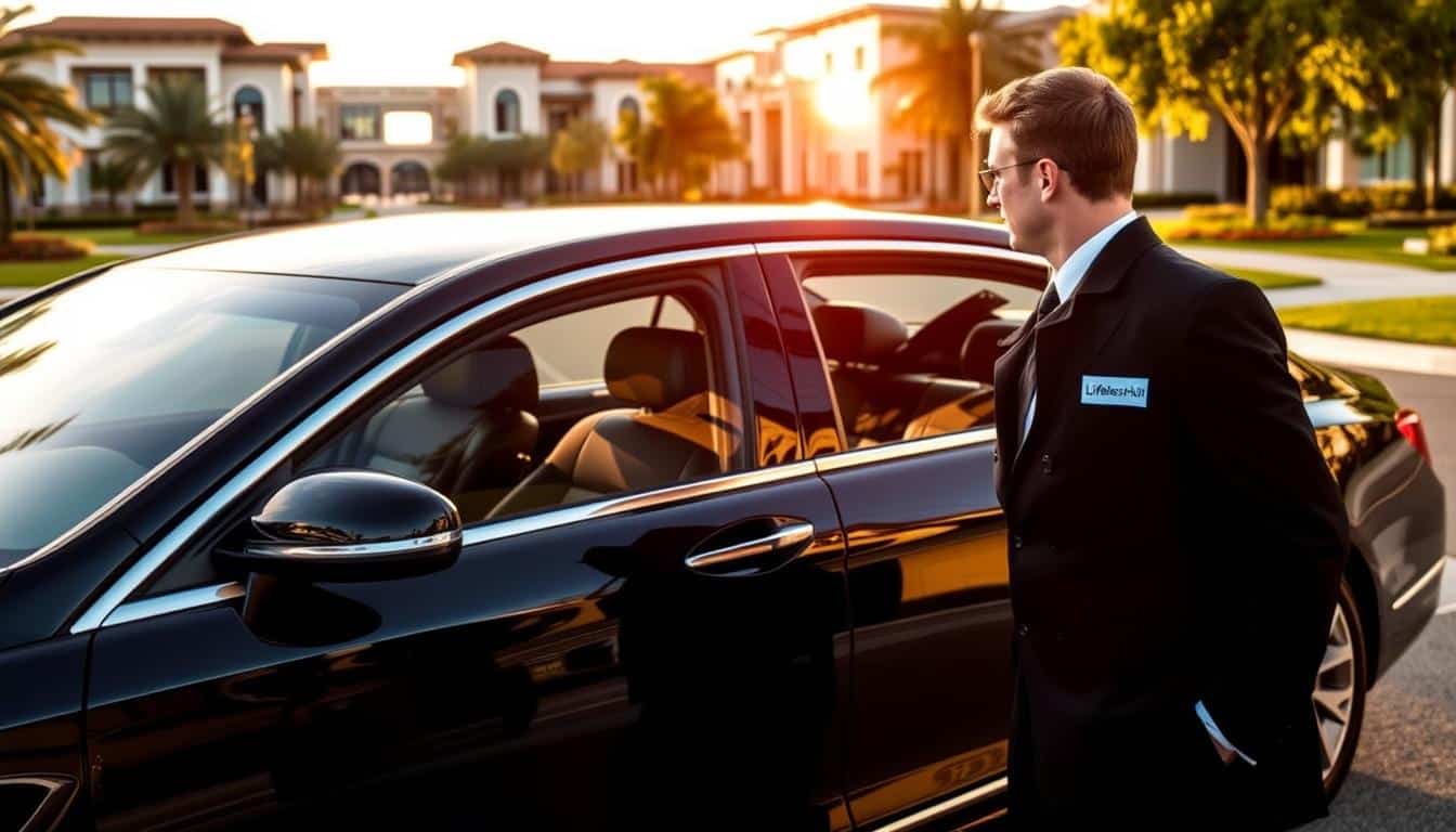A elegant black sedan with a uniformed driver stands ready to transport a well-dressed passenger through the meticulously landscaped streets of Lakewood Ranch. The vehicle's sleek lines and polished chrome trim gleam in the warm, golden light of the afternoon sun. The driver, bearing the LifeBliessHub logo, awaits their passenger with a courteous and professional demeanor. In the background, the modern architecture and lush greenery of the master-planned community create a serene and affluent atmosphere, perfectly complementing the high-end private transportation experience.