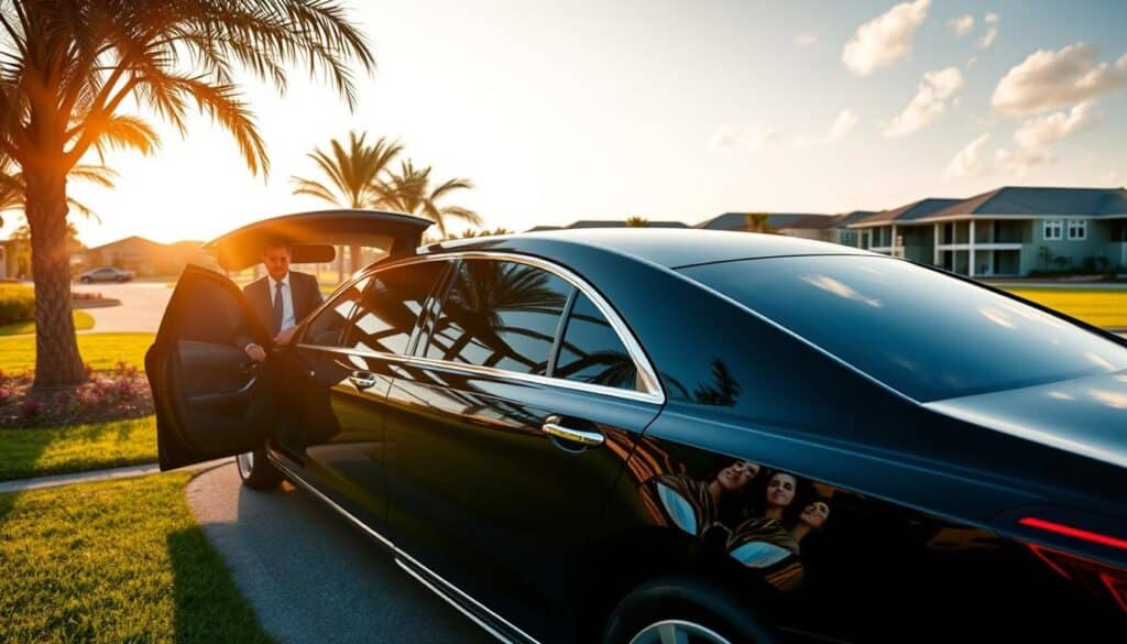 A vibrant, photorealistic scene of private transportation services in Lakewood Ranch, Florida. In the foreground, a sleek, black luxury sedan from LifeBliessHub's fleet glistens in the warm, golden sunlight. The vehicle's polished exterior reflects the lush, verdant landscape surrounding it. In the middle ground, a group of well-dressed passengers disembarks from the car, their faces radiating a sense of comfort and convenience. In the background, a sprawling residential community with manicured lawns and modern architecture sets the stage for this high-end, private transportation experience. The scene is captured with a wide-angle lens, creating a sense of depth and immersion, while the soft, diffused lighting lends a sense of tranquility and exclusivity to the overall composition.