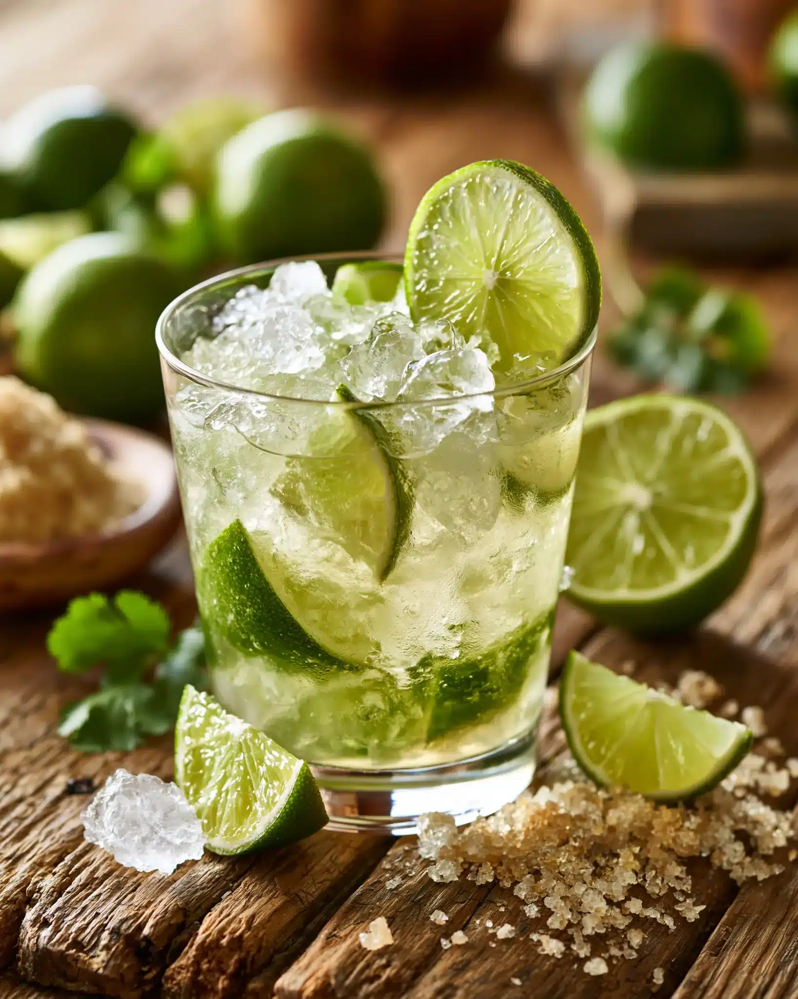 A caipirinha in a short glass with crushed ice, lime wedges and brown sugar on a rustic wooden table.