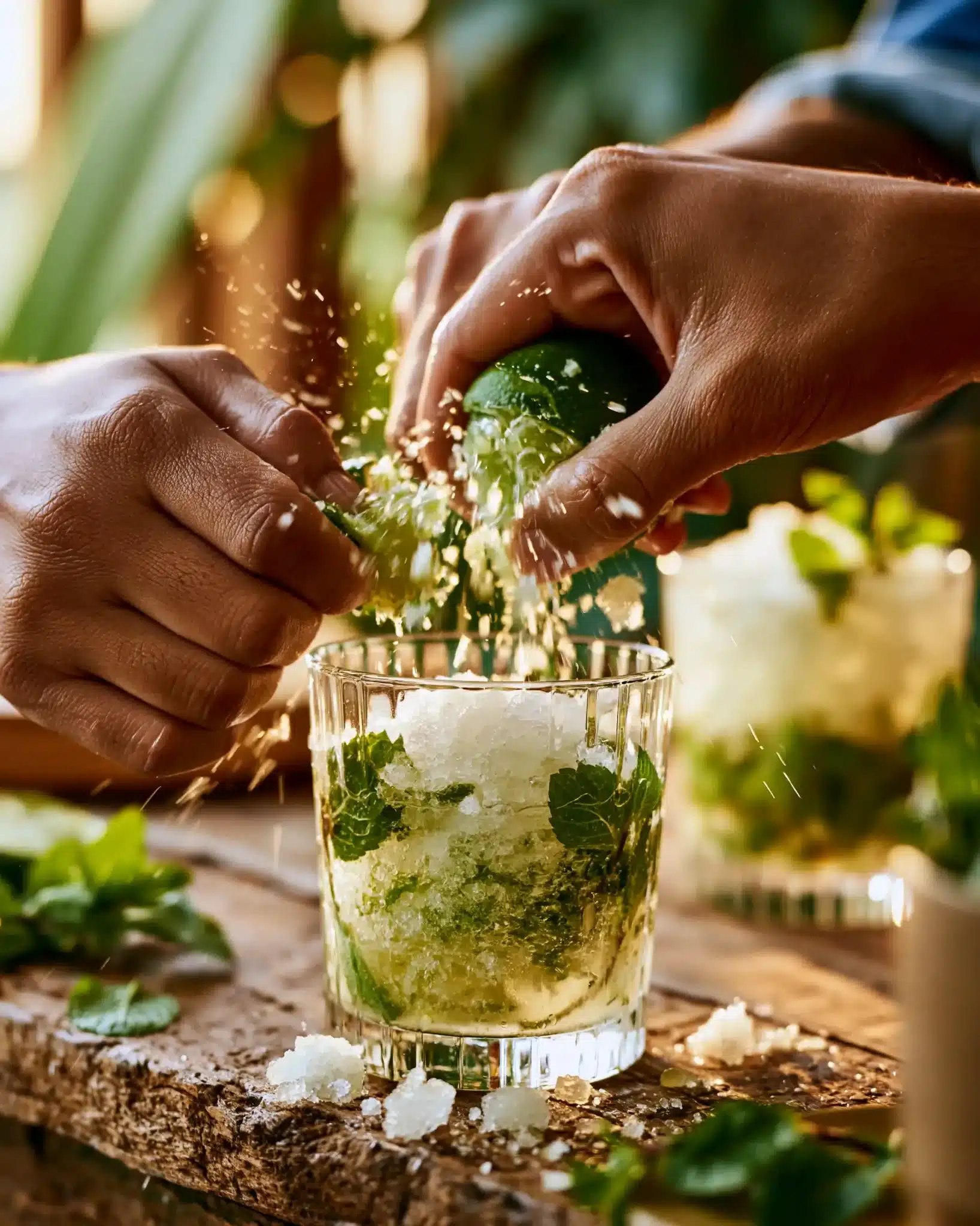 Two hands squeezing a lime over a glass of ice on a wooden board.