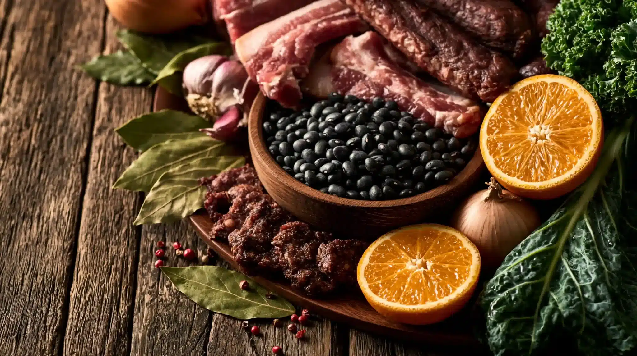 Dried black beans in a wooden bowl with cuts of pork, orange halves, collard greens, garlic and bay leaves.