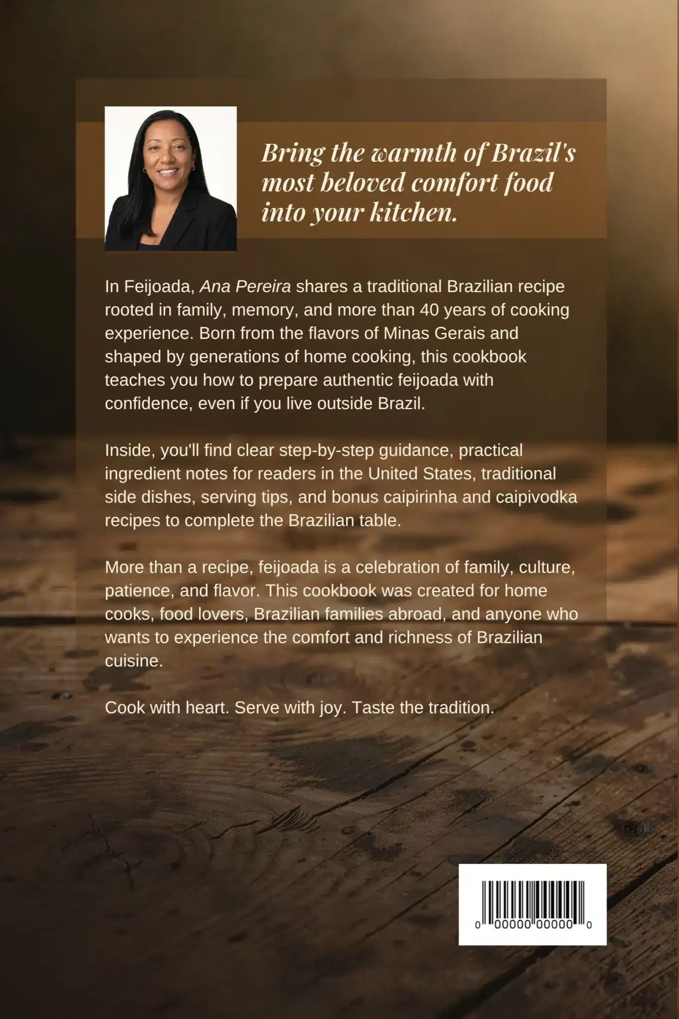 Back cover of the Feijoada cookbook, with a photo of Ana Pereira and a description of the book.